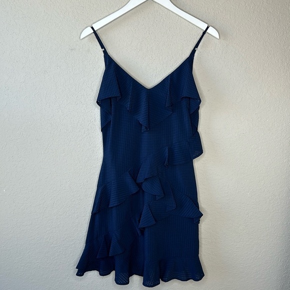Gianni Bini V Neck Navy Blue Spaghetti Strap Ruffle Mini Dress Size Small - Picture 1 of 13
